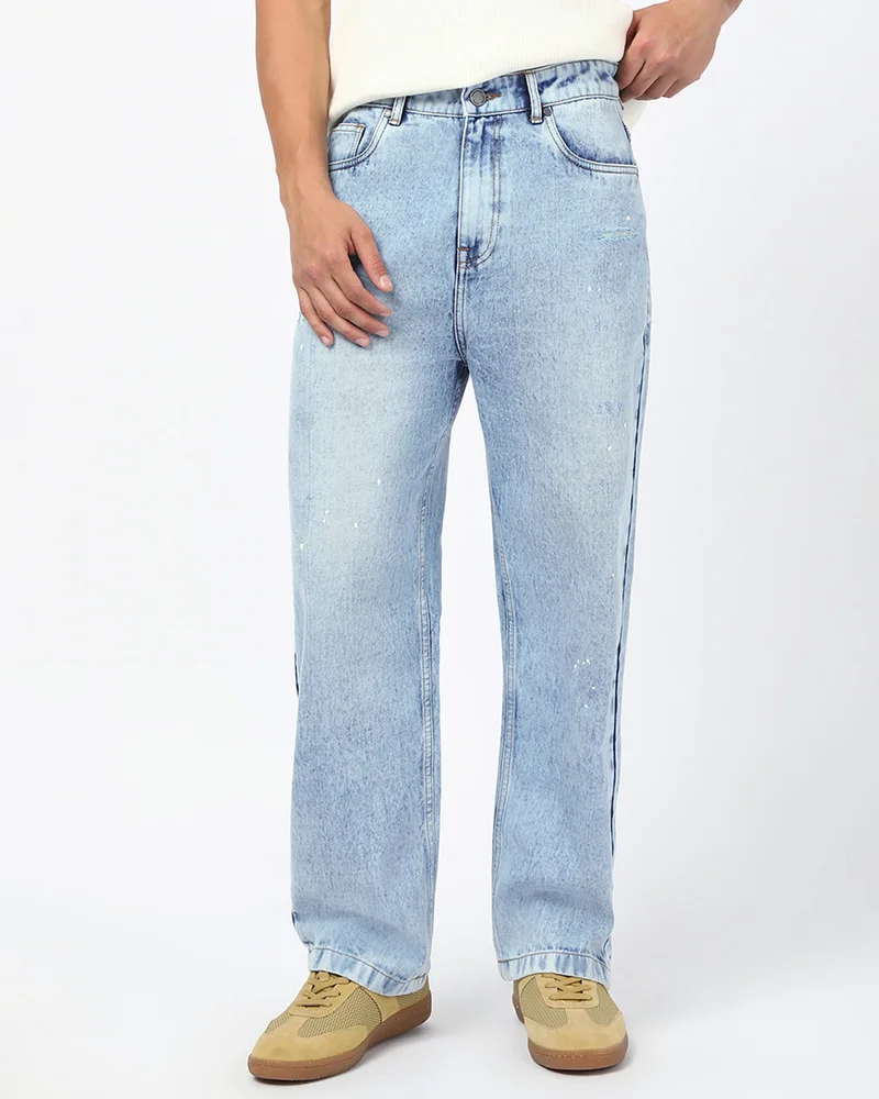 بيواكوف Men's Light Blue Washed Straight Fit Distressed Mid-Rise Jeans